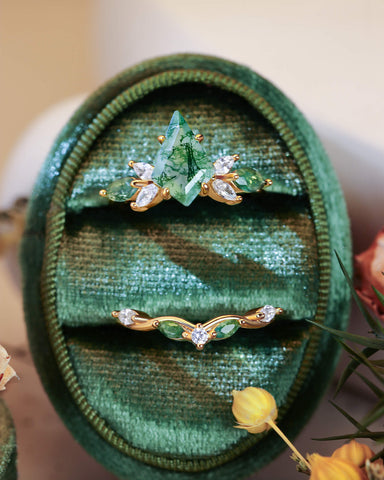 ZOEY Unique Kite Cut Moss Agate Cluster Engagement Ring Set