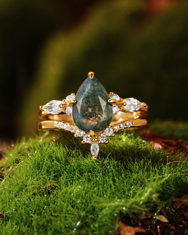ARBELLA Pear Moss Agate Moissanite Side Stones Wedding Ring Set