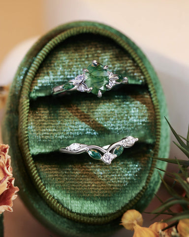 WINONA Oval Moss Agate Engagement Ring Set Cluster Moissanite Moss Agate Bridal Set