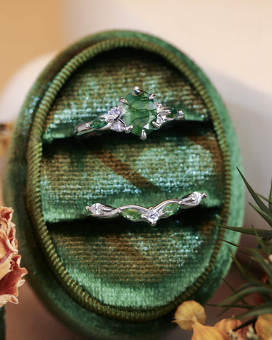 WINONA Oval Moss Agate Engagement Ring Set Cluster Moissanite Moss Agate Bridal Set