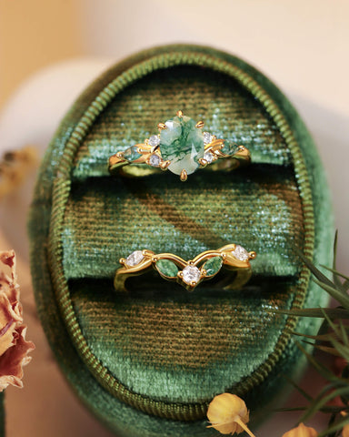 WINONA Oval Moss Agate Engagement Ring Set Cluster Moissanite Moss Agate Bridal Set
