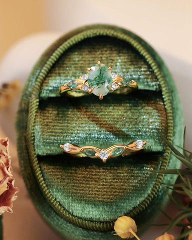 WINONA Oval Moss Agate Engagement Ring Set Cluster Moissanite Moss Agate Bridal Set