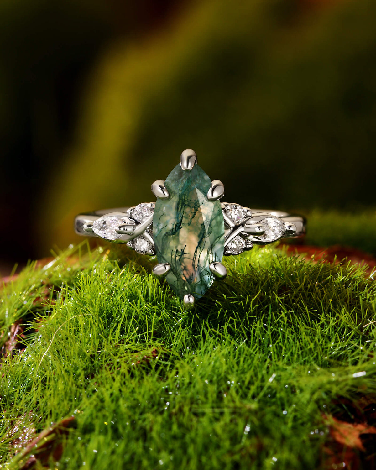 TWILA Marquise Cut Moss Agate Twist Cluster Engagement Ring