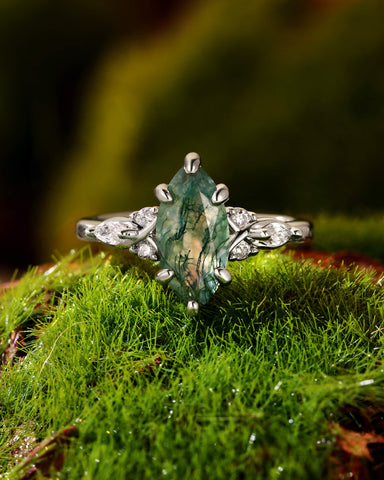 TWILA Marquise Cut Moss Agate Twist Cluster Engagement Ring