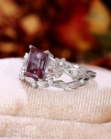 CLEMENTINE Emerald Cut Alexandrite Bridal Ring Set Nature Inspired Leafy Ring Set