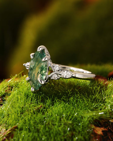 TWILA Marquise Cut Moss Agate Twist Cluster Engagement Ring
