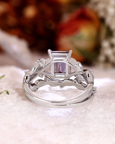 CLEMENTINE Emerald Cut Alexandrite Bridal Ring Set Nature Inspired Leafy Ring Set