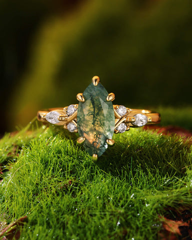 TWILA Marquise Cut Moss Agate Twist Cluster Engagement Ring