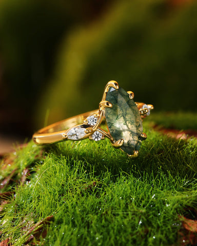 TWILA Marquise Cut Moss Agate Twist Cluster Engagement Ring