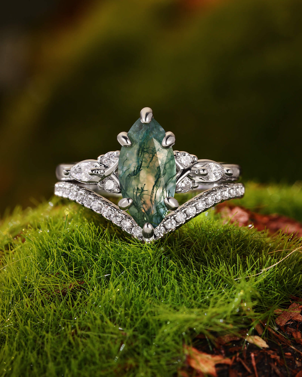 TWILA Marquise Cut Moss Agate Twist Cluster Bridal Set 2pcs