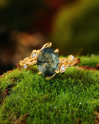ORNELLA Oval Cut Moss Agate Leafy Vine Flower Engagement Ring