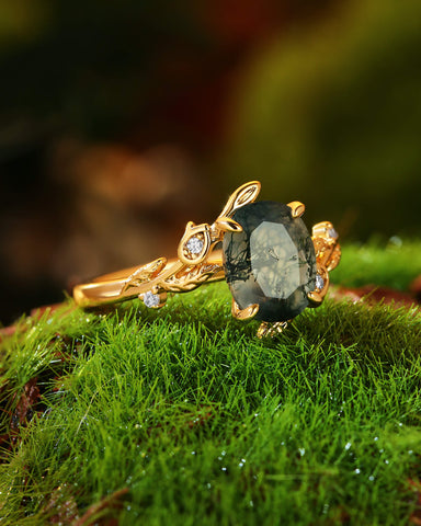 ORNELLA Oval Cut Moss Agate Leafy Vine Flower Engagement Ring