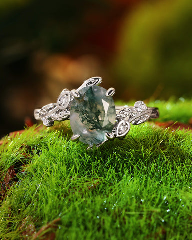 ORNELLA Oval Cut Moss Agate Leafy Vine Flower Engagement Ring