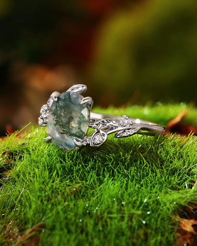 ORNELLA Oval Cut Moss Agate Leafy Vine Flower Engagement Ring