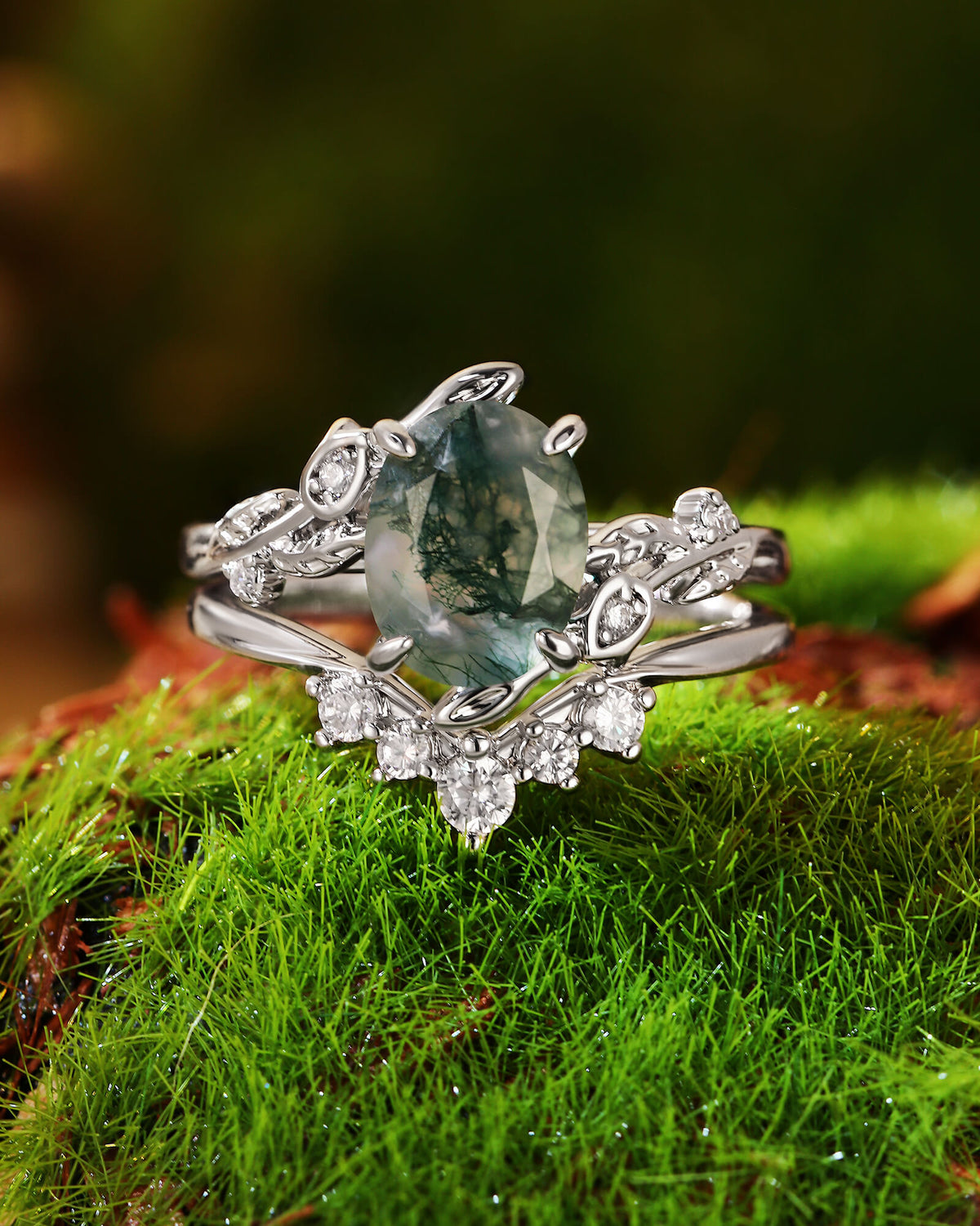 ORNELLA Oval Cut Moss Agate Leafy Vine Flower Fairy Bridal Ring Set 2pcs