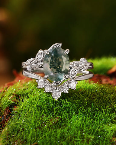 ORNELLA Oval Cut Moss Agate Leafy Vine Flower Fairy Bridal Ring Set 2pcs