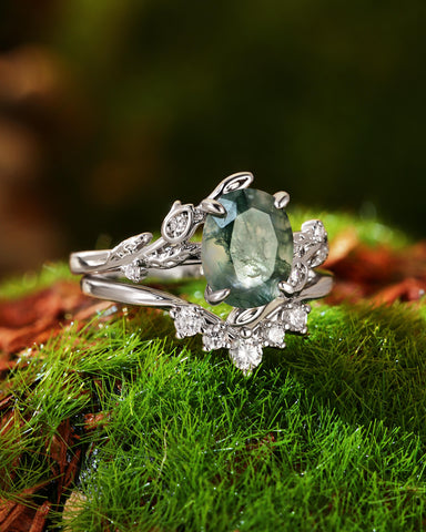ORNELLA Oval Cut Moss Agate Leafy Vine Flower Fairy Bridal Ring Set 2pcs