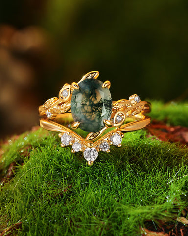ORNELLA Oval Cut Moss Agate Leafy Vine Flower Fairy Bridal Ring Set 2pcs