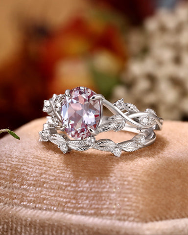 LILIANA Oval Shaped Alexandrite Bridal Ring Set Nature Inspired Leaf Ring Set