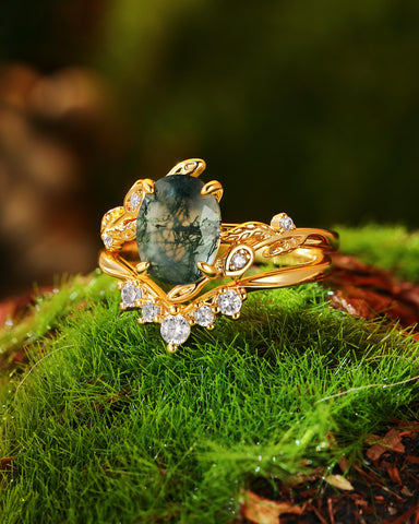 ORNELLA Oval Cut Moss Agate Leafy Vine Flower Fairy Bridal Ring Set 2pcs