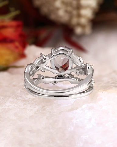 LILIANA Oval Shaped Alexandrite Bridal Ring Set Nature Inspired Leaf Ring Set