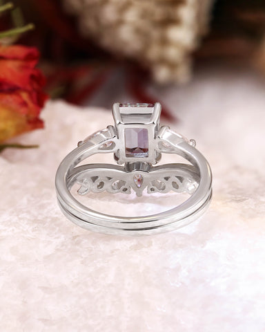 THEIA Unique 2pcs Emerald Cut Wedding Ring Set Alexandrite moon & sun Inspire Bridal Set