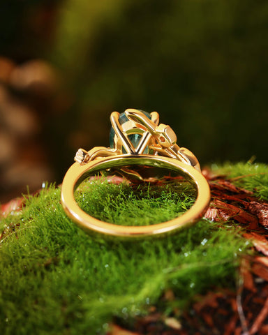 ORNELLA Oval Cut Moss Agate Leafy Vine Flower Fairy Bridal Ring Set 2pcs