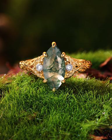 QUESTA Marquise Cut Moss Agate Leaf and Knot Love Engagement Ring