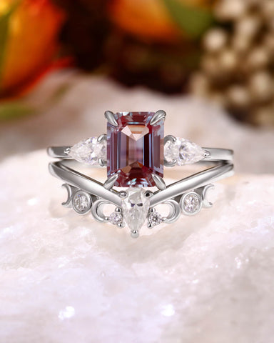 THEIA Unique 2pcs Emerald Cut Wedding Ring Set Alexandrite moon & sun Inspire Bridal Set