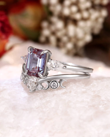 THEIA Unique 2pcs Emerald Cut Wedding Ring Set Alexandrite moon & sun Inspire Bridal Set