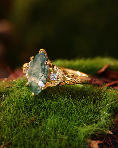 QUESTA Marquise Cut Moss Agate Leaf and Knot Love Engagement Ring
