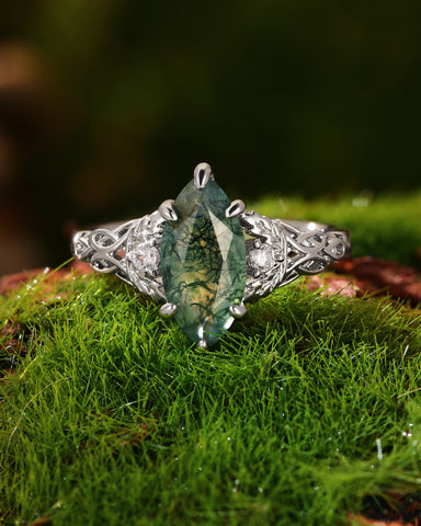 QUESTA Marquise Cut Moss Agate Leaf and Knot Love Engagement Ring