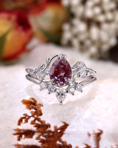 WILLOW Pear Cut Alexandrite Engagement Ring Set Vine Bridal Ring Set