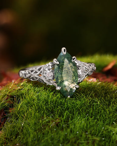 QUESTA Marquise Cut Moss Agate Leaf and Knot Love Engagement Ring