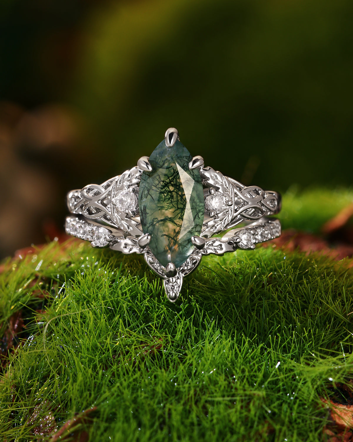 QUESTA Forest Fairy Marquise Cut Moss Agate Leafy Engagement Ring Set 2pcs