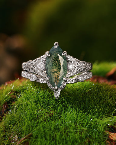 QUESTA Forest Fairy Marquise Cut Moss Agate Leafy Engagement Ring Set 2pcs