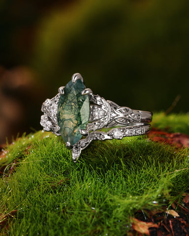 QUESTA Forest Fairy Marquise Cut Moss Agate Leafy Engagement Ring Set 2pcs