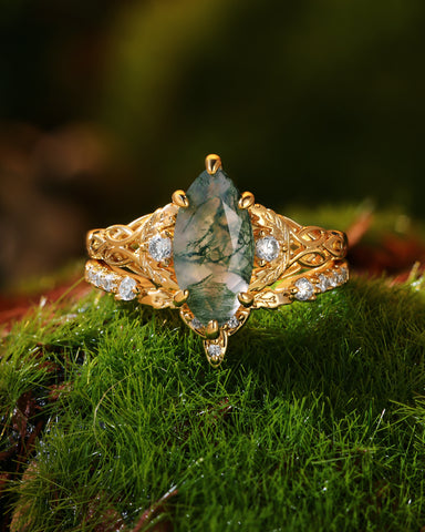 QUESTA Forest Fairy Marquise Cut Moss Agate Leafy Engagement Ring Set 2pcs