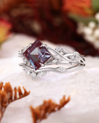BELLE Princess Cut Alexandrite Engagement Ring Set