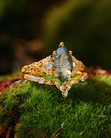 QUESTA Forest Fairy Marquise Cut Moss Agate Leafy Engagement Ring Set 2pcs