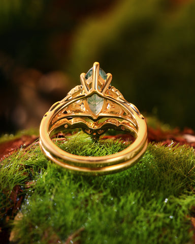 QUESTA Forest Fairy Marquise Cut Moss Agate Leafy Engagement Ring Set 2pcs