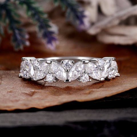 ROUNAISE Wedding Band Half Eternity Cluster Stacking Ring