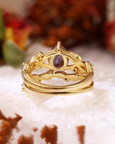 ASHLEY Pear Cut Lab Alexandrite Leafy Engagement Ring Set 2pcs