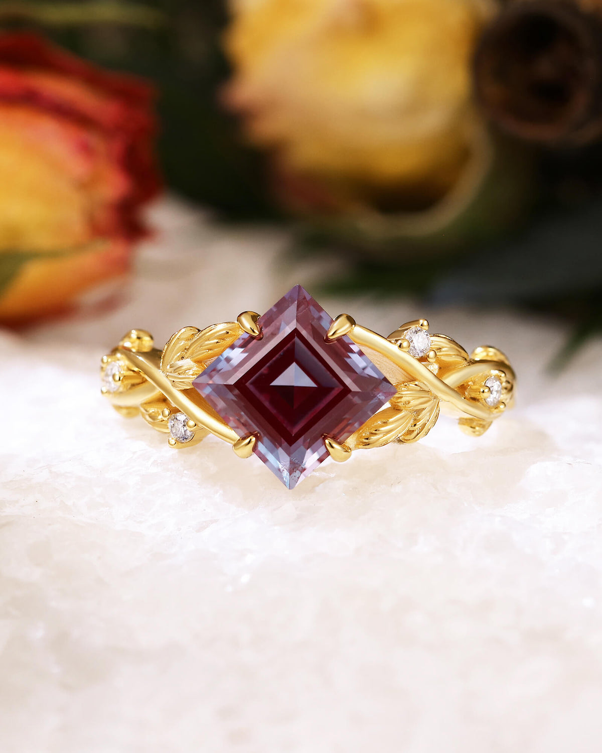 GAIA Princess Cut Alexandrite Crossed Leaves Engagement Ring