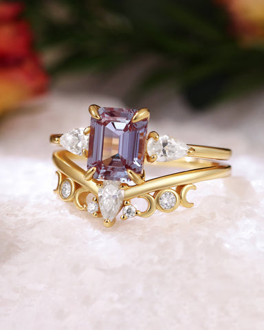 THEIA Unique 2pcs Emerald Cut Wedding Ring Set Alexandrite moon & sun Inspire Bridal Set