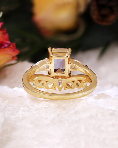 THEIA Unique 2pcs Emerald Cut Wedding Ring Set Alexandrite moon & sun Inspire Bridal Set