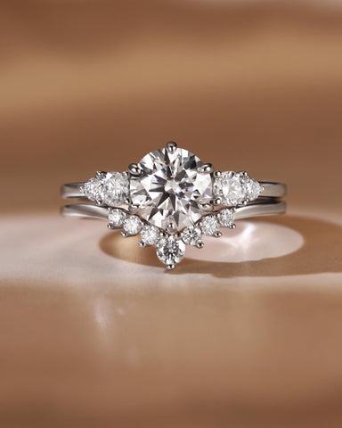 ANNE Round Cut Moissanite Cluster Engagement Ring Set with Curved Wedding Band