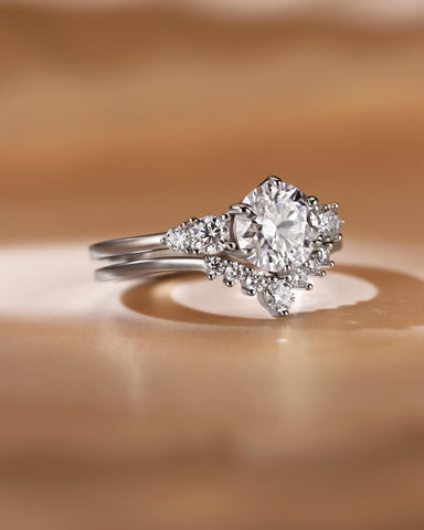 ANNE Round Cut Moissanite Cluster Engagement Ring Set with Curved Wedding Band