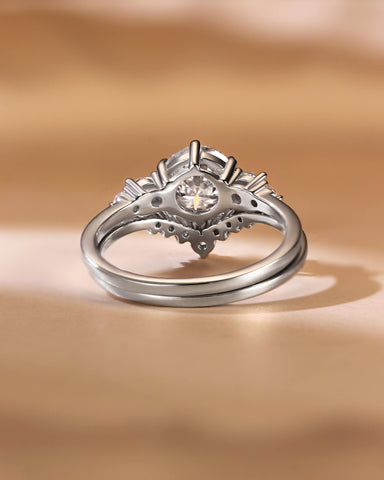 ANNE Round Cut Moissanite Cluster Engagement Ring Set with Curved Wedding Band