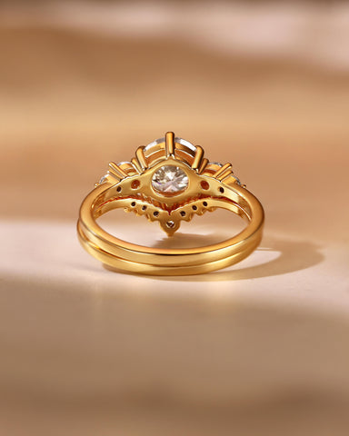 ANNE Round Cut Moissanite Cluster Engagement Ring Set with Curved Wedding Band